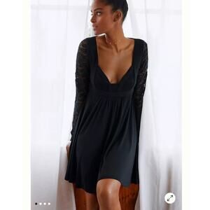 Anthropologie Slip Dress Women’s M Black Lace Sleeves Open Back